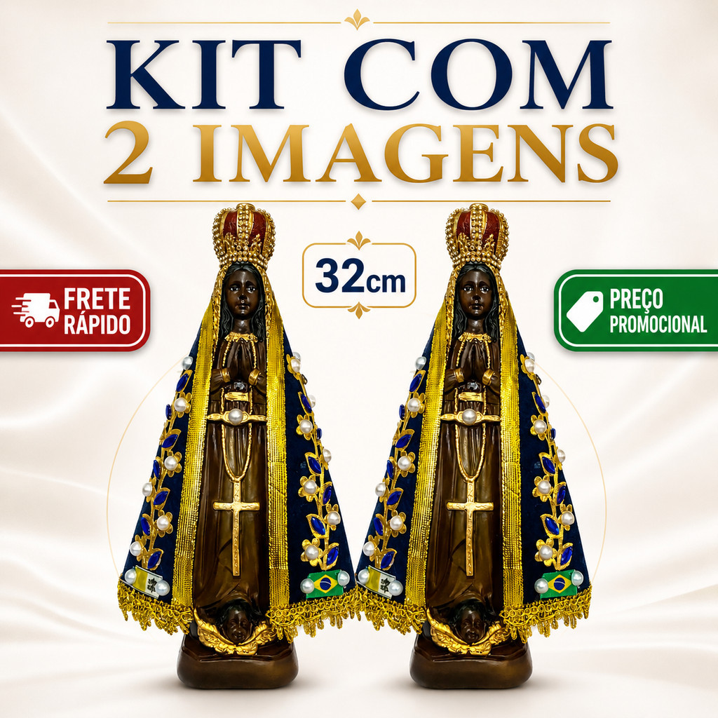 KIT 2 Imagem Nossa Senhora Aparecida 32cm Manto Original com Pérolas - Gesso com Resina - Qualidade Premium Exclusiva
