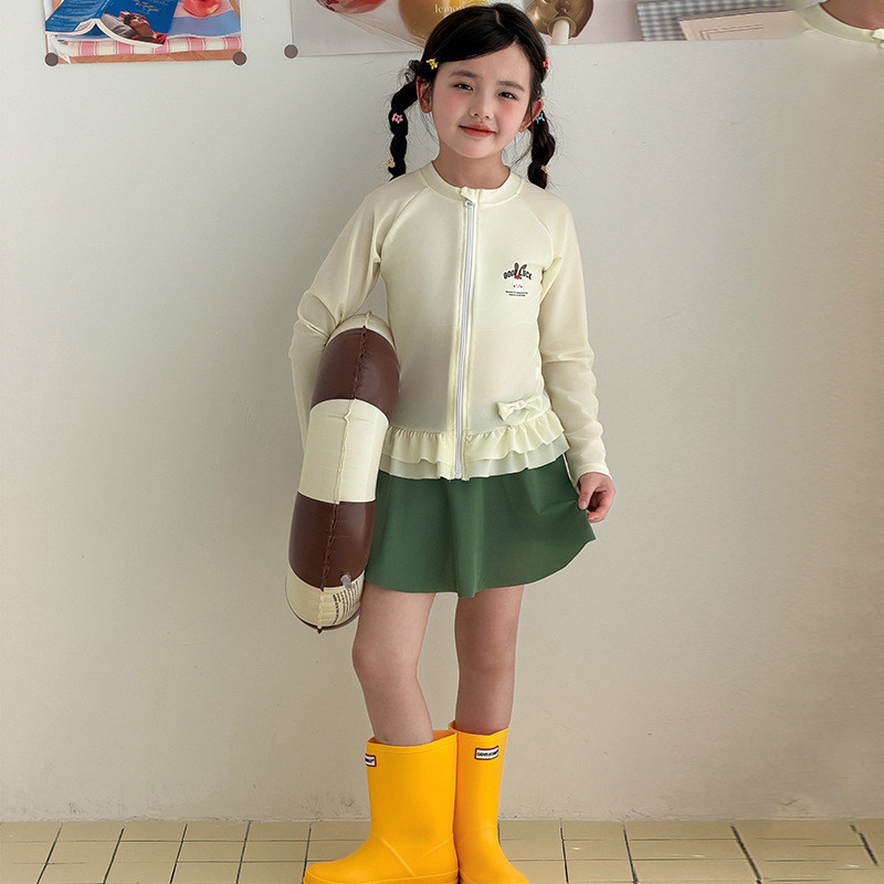 Coreano Bonito Crianças Meninas Dos Desenhos Animados Coelho Impressão Zíper Manga Longa Maiô De Duas Peças Verão Praia 