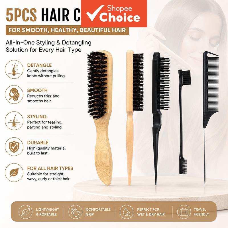 Conjunto de 5 peças de ferramentas de modelagem capilar com pentes de bambu e acessórios pretos para desembaraçar e