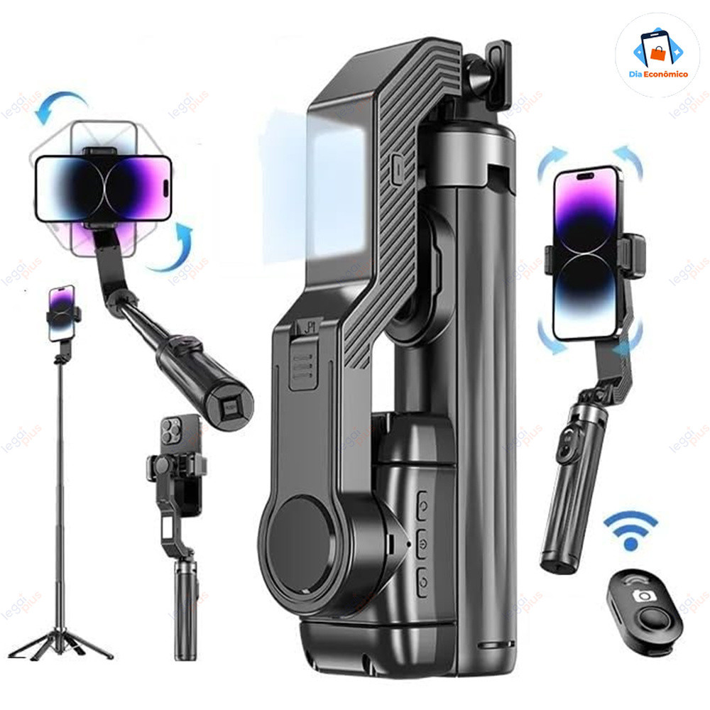 Estabilizador Gimbal Bastão Selfie Tripé Sem Fio com Luz LED e Controle Bluetooth para Celular