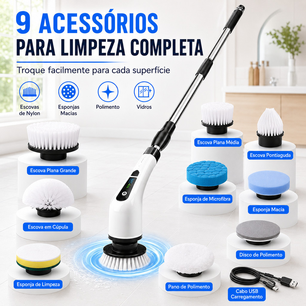 Escova Elétrica Giratória 9 em 1 para Limpeza Doméstica com Cabo Alongador, Multifuncional e Prática