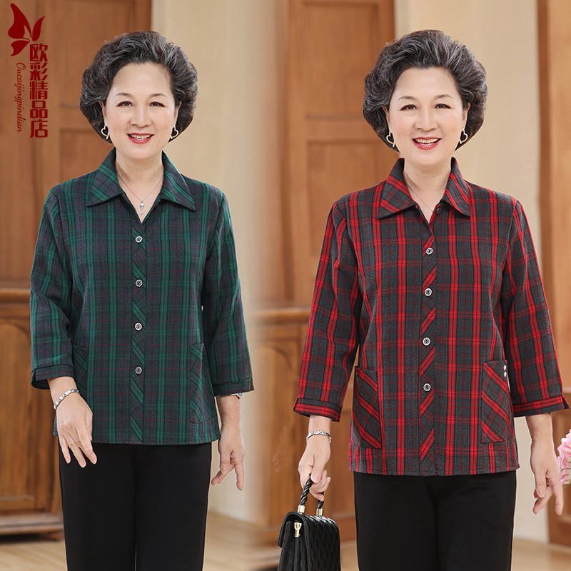 Mãe de meia-idade primavera outono roupas camisas de manga comprida exterior Wear xadrez feminino de meia-idade idosos t