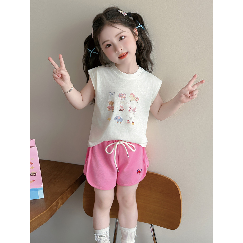 Meninas verão Shorts terno 2026 novo estilo moda infantil bebê verão sem mangas colete moda terno de duas peças