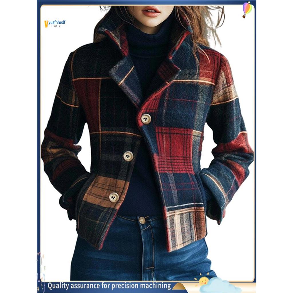 Prosperityusprudenc2 Jaqueta Feminina Curta Xadrez De Mistura De Lã , Blazer Curto , Casaco De Ervilha , Roupa Externa D