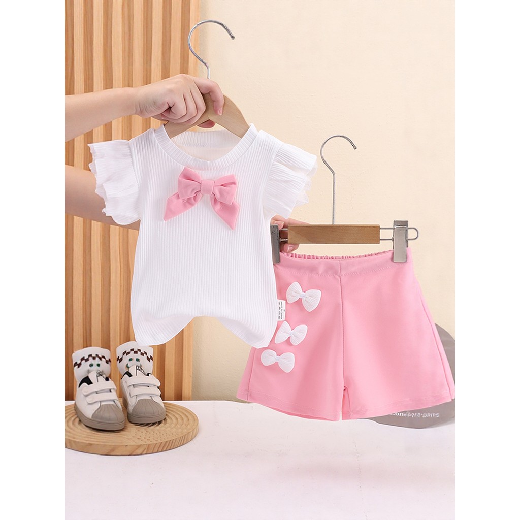 Bebê menina moda arco de manga curta bebê crianças estilo coreano usar vestido de verão menina único bonito pequeno