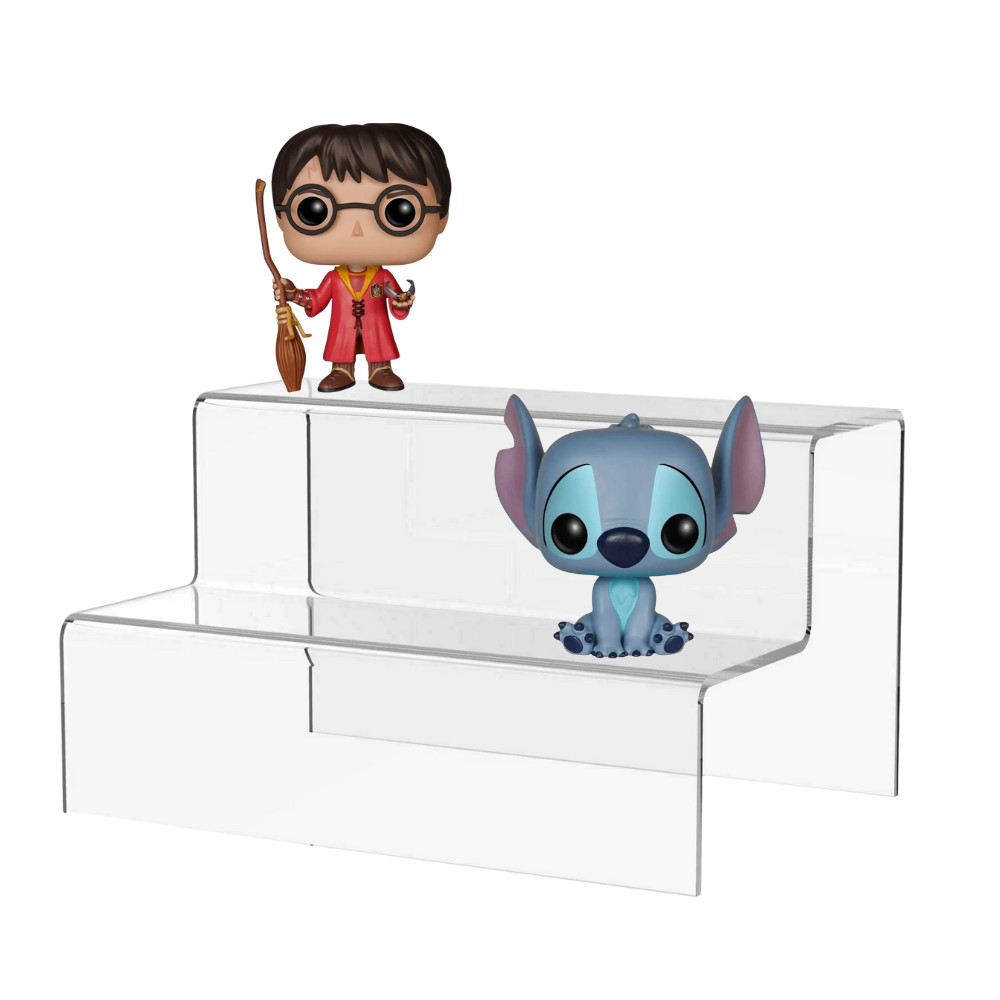 Expositor Escadinha 2 Degraus Display Para Funko Miniatura Doce em Acrílico Transparente 12x26cm