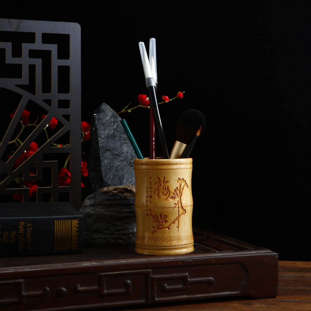 Suporte de caneta de madeira de bambu Natural multifuncional Retro redondo barril de caneta estilo chinês estudo de escr