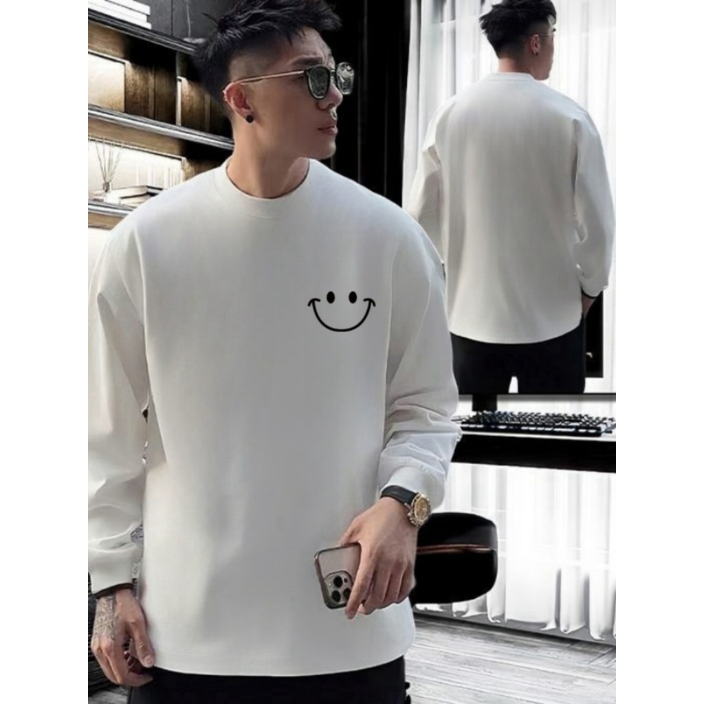 Smiley esportes de manga comprida camiseta moletom masculino primavera outono novo estilo puro algodão topo masculino Pl