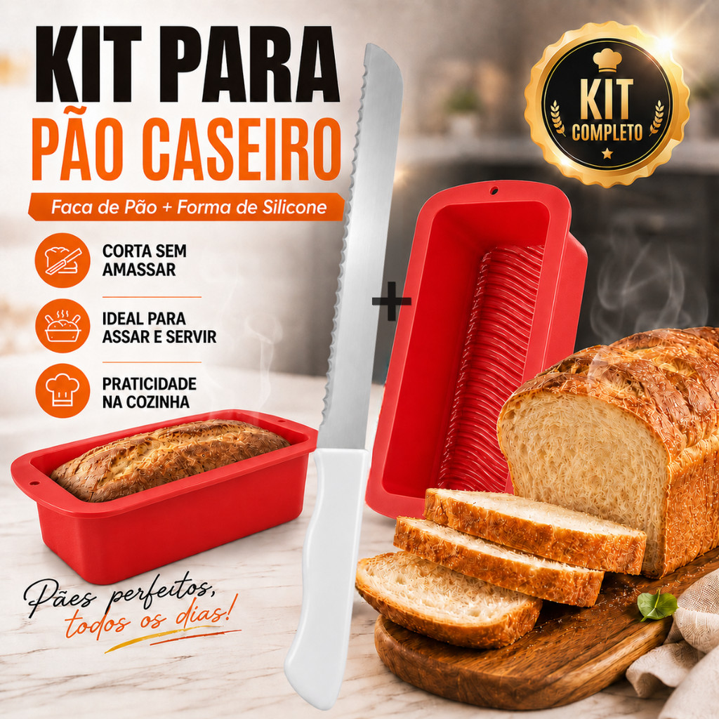Conjunto 2 Forma para Pão de Silicone + 1 Faca para Pão Serrilha Kit Completo Cozinha Padaria