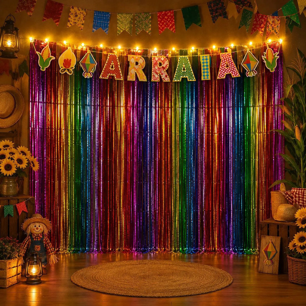 Kit Decoração Festa Junina Arraiá Faixa Led + 2 Cortina Fita