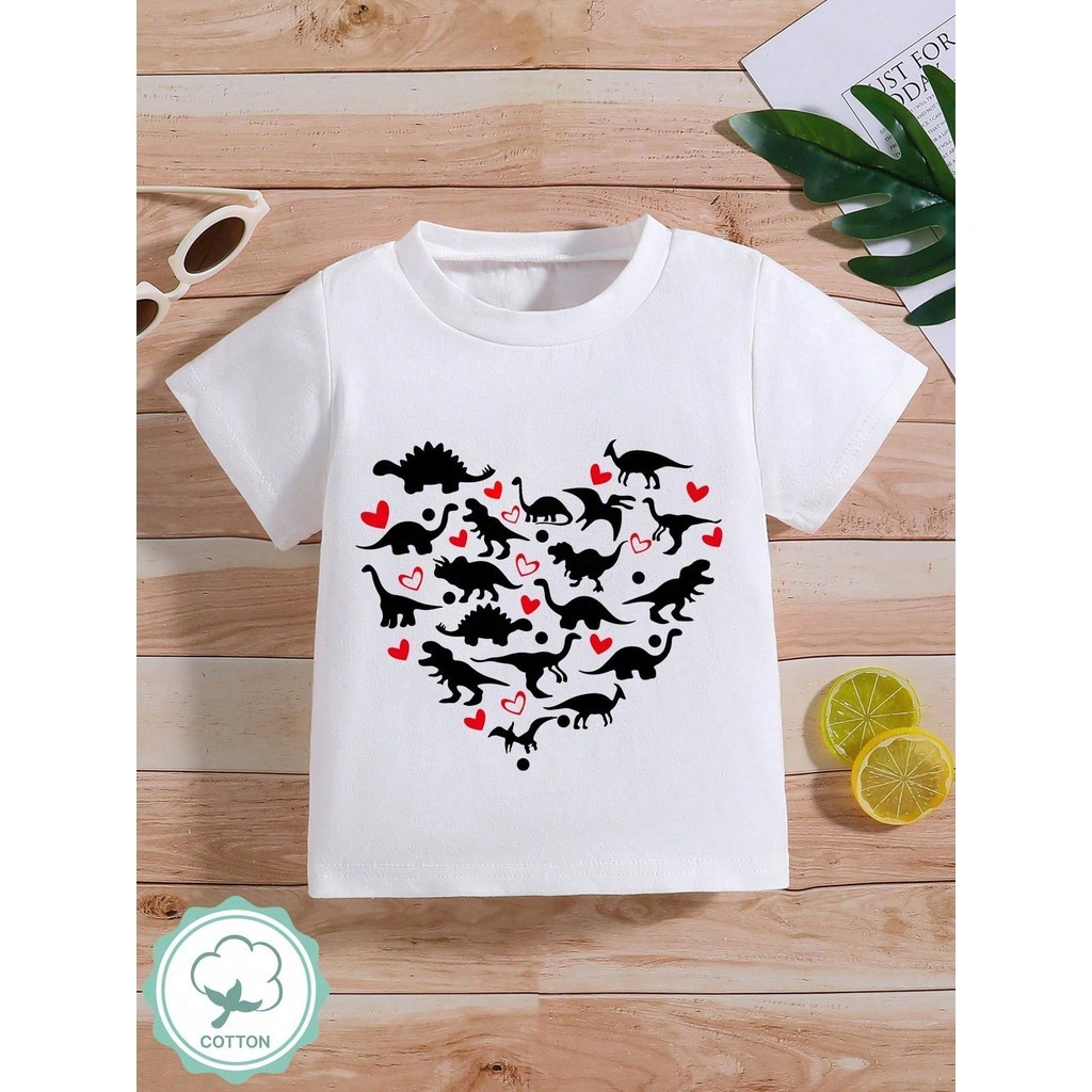 Camiseta de manga curta infantil masculina com estampa de dinossauro para o Dia dos Namorados