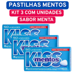 Kit 3 Pastilhas Mentos Kiss Menta Lata Azul Sem Açúcar 35g/cada - 50 unidades