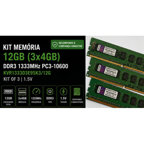 Memoria 12gb (3x4gb) Pc3-10600 Ddr3-1333 Kvr1333d3e9sk3/12g