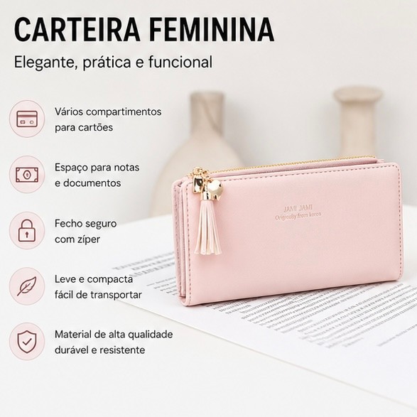 Carteira Feminina Longa e Elegante com Pingente de Coração Com TasselVários Compartimentos para Cartões D485 LING