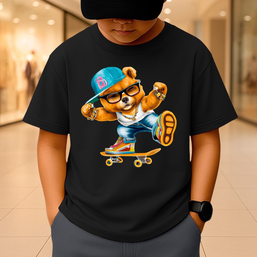 Camisa Infantil Urso Skate Camiseta Estampada Desenho Colorido Criança Manga Curta 100% Algodão