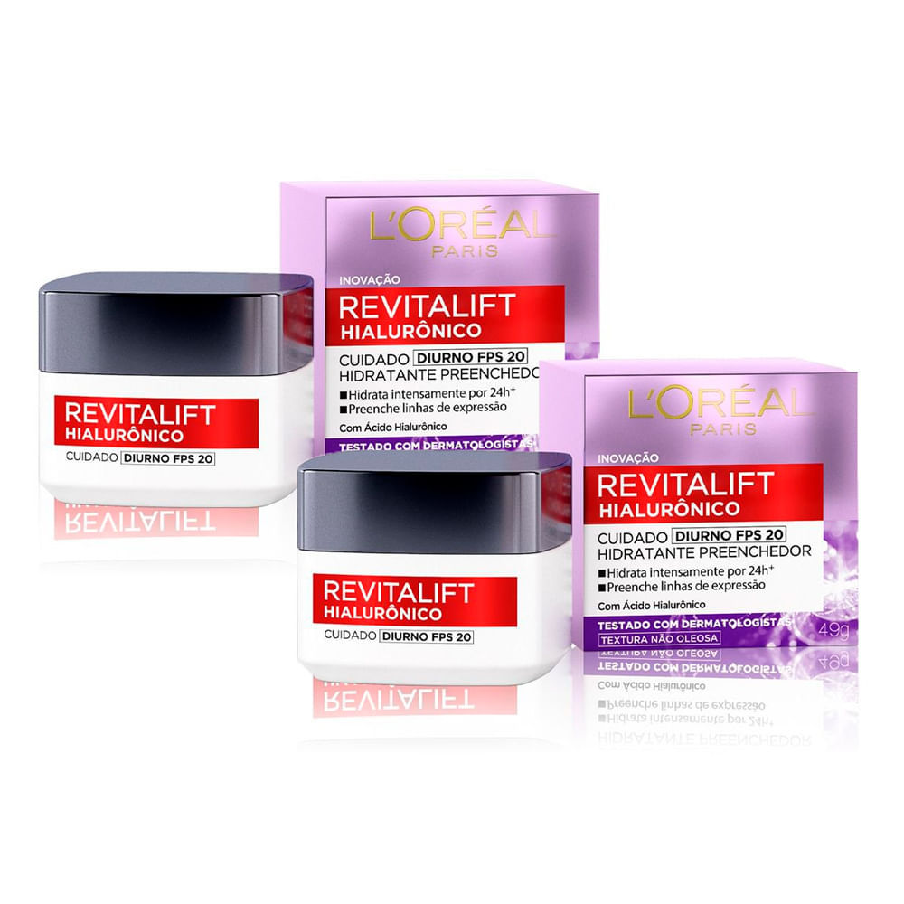 Kit 2 Creme Hidratante Facial Anti-idade L'Oréal Paris Revitalift Hialurônico Diurno FPS 20, 49g