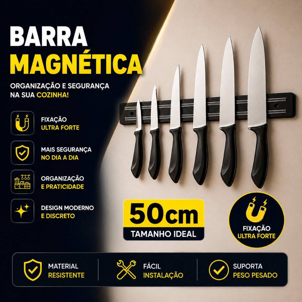 Barra Magnética Imã Facas Cozinha Churrasqueira 33/55cm