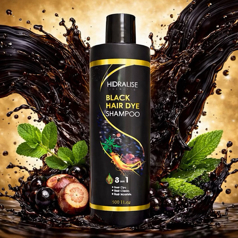 Shampoo Tonalizante Hair Dye 3 em 1 Preto 500ml Grande Escurecedor Tintura Com Extrato He Shou Wu