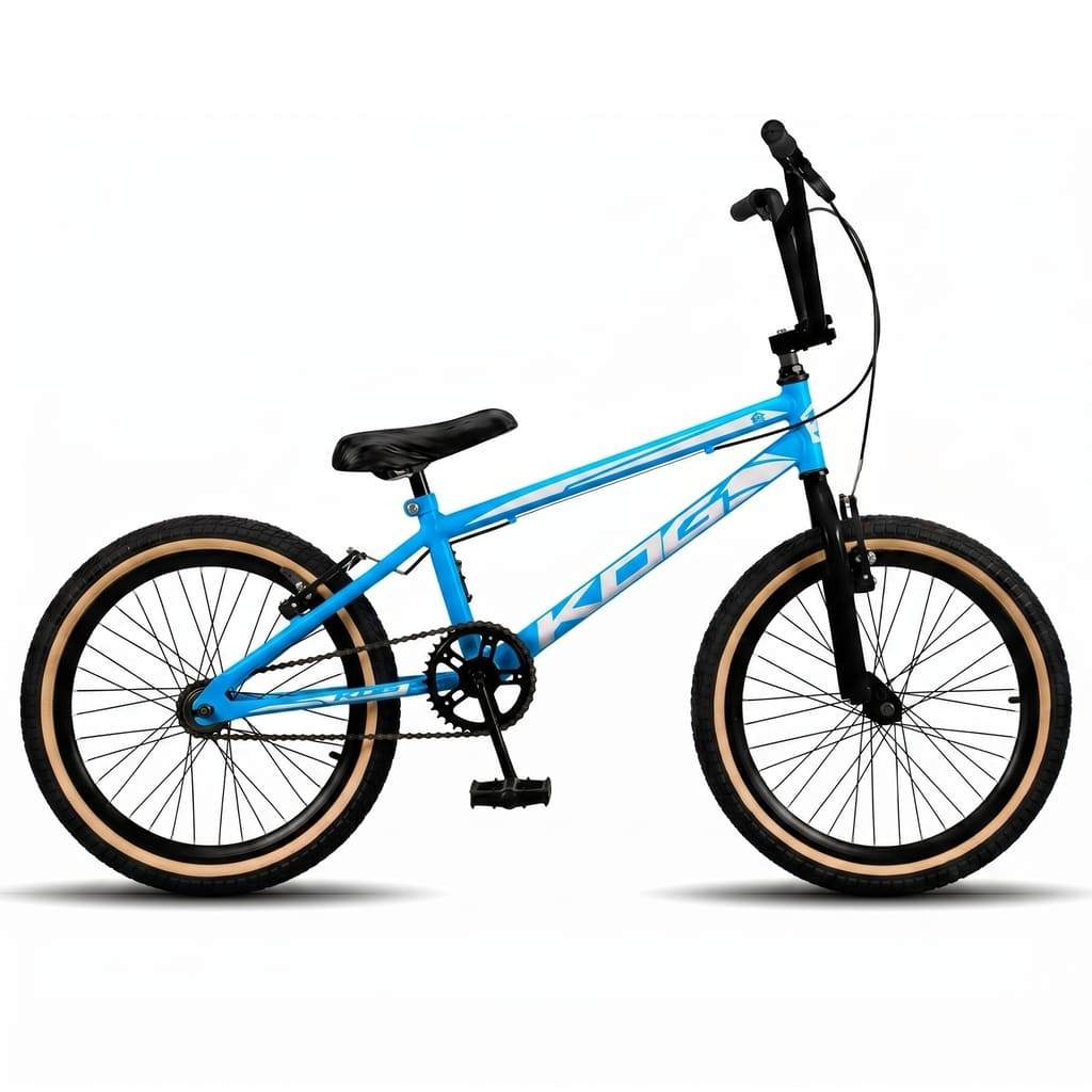 Bicicleta BMX Aro 20 Infantil KOG Freestyle Para Meninos - Azul com Branco Pneus Faixa Bege