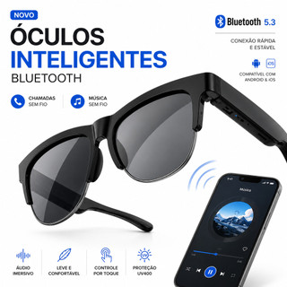 Óculos Inteligentes Esportivos Bluetooth com Música Chamadas Assistente e Gravação