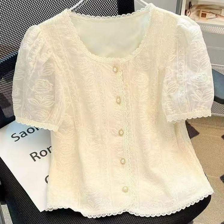 Blusa de renda com mangas bufantes, camisa feminina elegante de verão em chiffon de manga curta, camisa feminina plus si