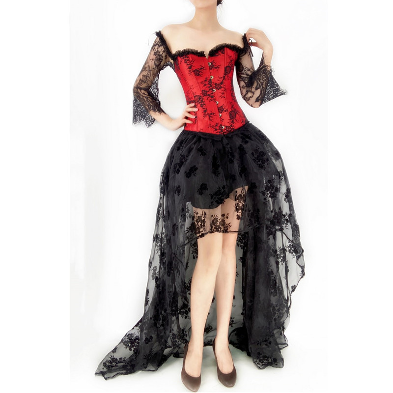 Conjunto De Vestido Espartilho Gótico Sexy Fora Do Ombro Underbust E Saia De Renda Assimétrica Gothique Traje Vintage Bu