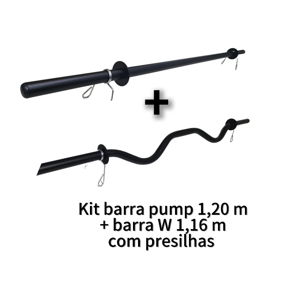 Kit barra reta body pump 1,20m + barra W 1,16m com presilhas academia musculação