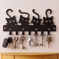Porta Chaves Decorativo Gato MDF Organizador de Chaves Para Casa 4 gatinhos 7 ganchos