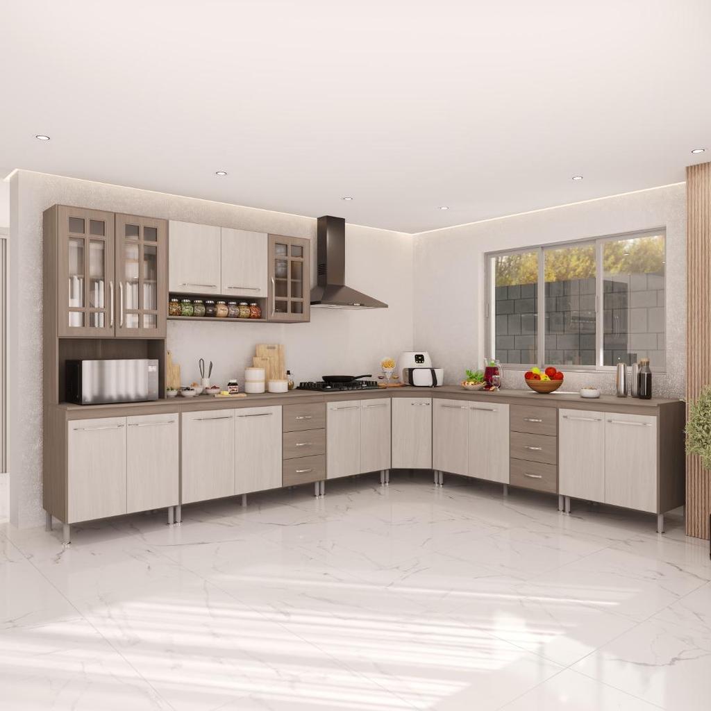 Armário de Cozinha Modulada Completa de Canto Fidelitá Paris 7 Peças 600cm 16 Portas 6 Gavetas Com Tampo Nogal/Salinas
