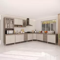 Armário de Cozinha Modulada Completa de Canto Fidelitá Paris 7 Peças 600cm 16 Portas 6 Gavetas Com Tampo Nogal/Salinas