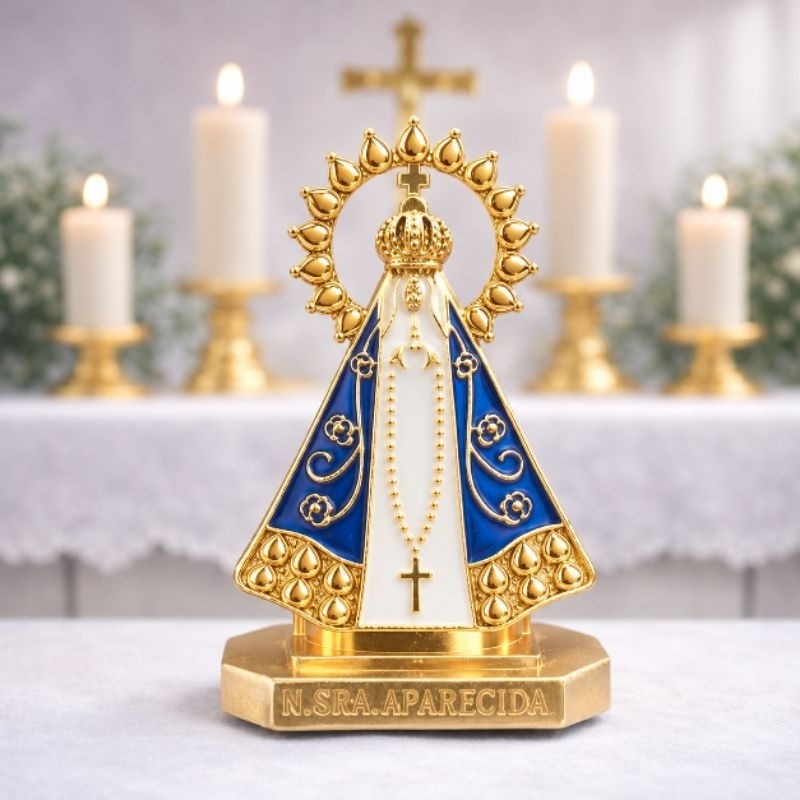Kit 12 Mini Imagens Nossa Senhora Aparecida Dourada Autocolante Decorativa Carro Mesa Altar Lembrancinha Católica