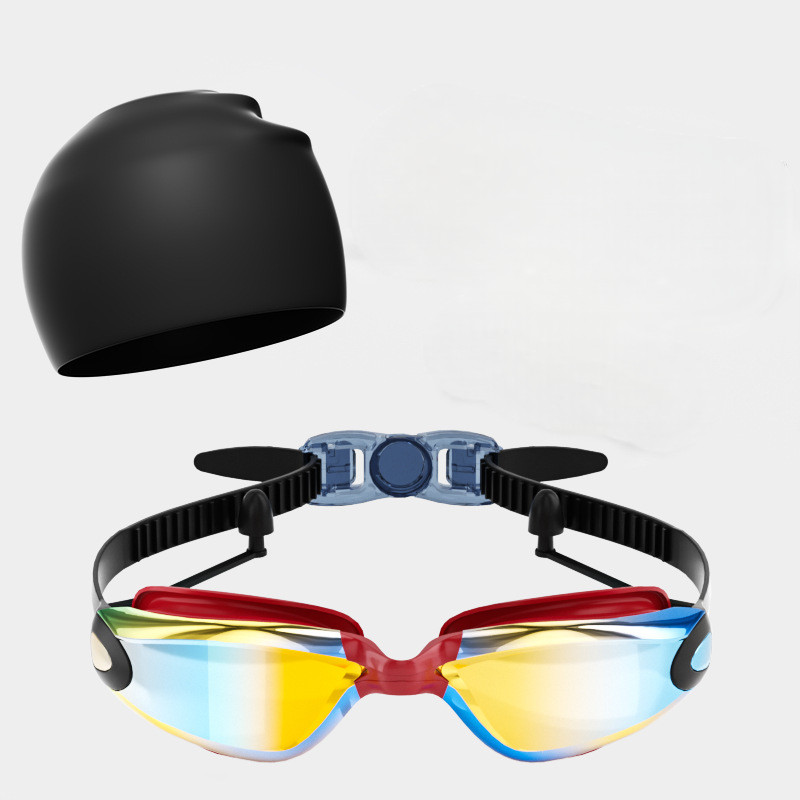 Óculos de Natação com Lentes Eletroplatinadas, Antiembaçantes, Impermeáveis, com Touca de Natação de Silicone para Espor