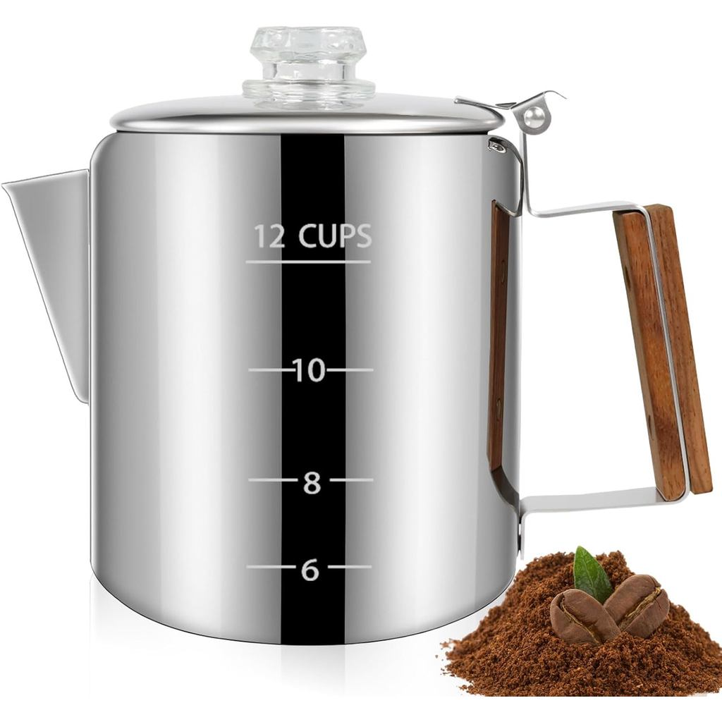 Cafeteira Percoladora de Aço Inoxidável 304 com Cabo de Madeira Sólida e Botão Transparente, Cafeteira Greca Mocha para 
