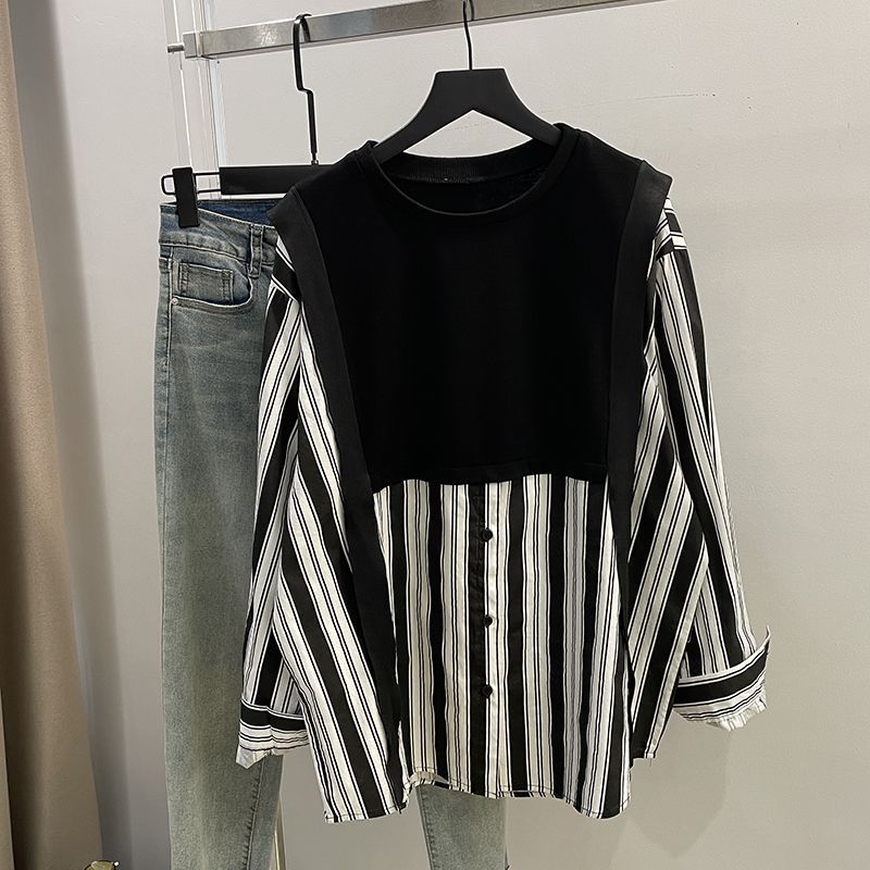 Gordura mm tamanho grande mais magro olhar Design falso de duas peças estilo ocidental camisa feminina 150kg primavera o
