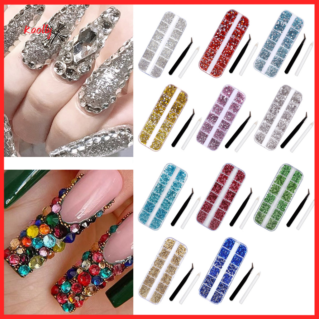 Nail Design Rhinestones Kit 12 Grids Art Rhinestone with Storage Box Drill Pen Tweezers – Glass Flatback Gems for Diy