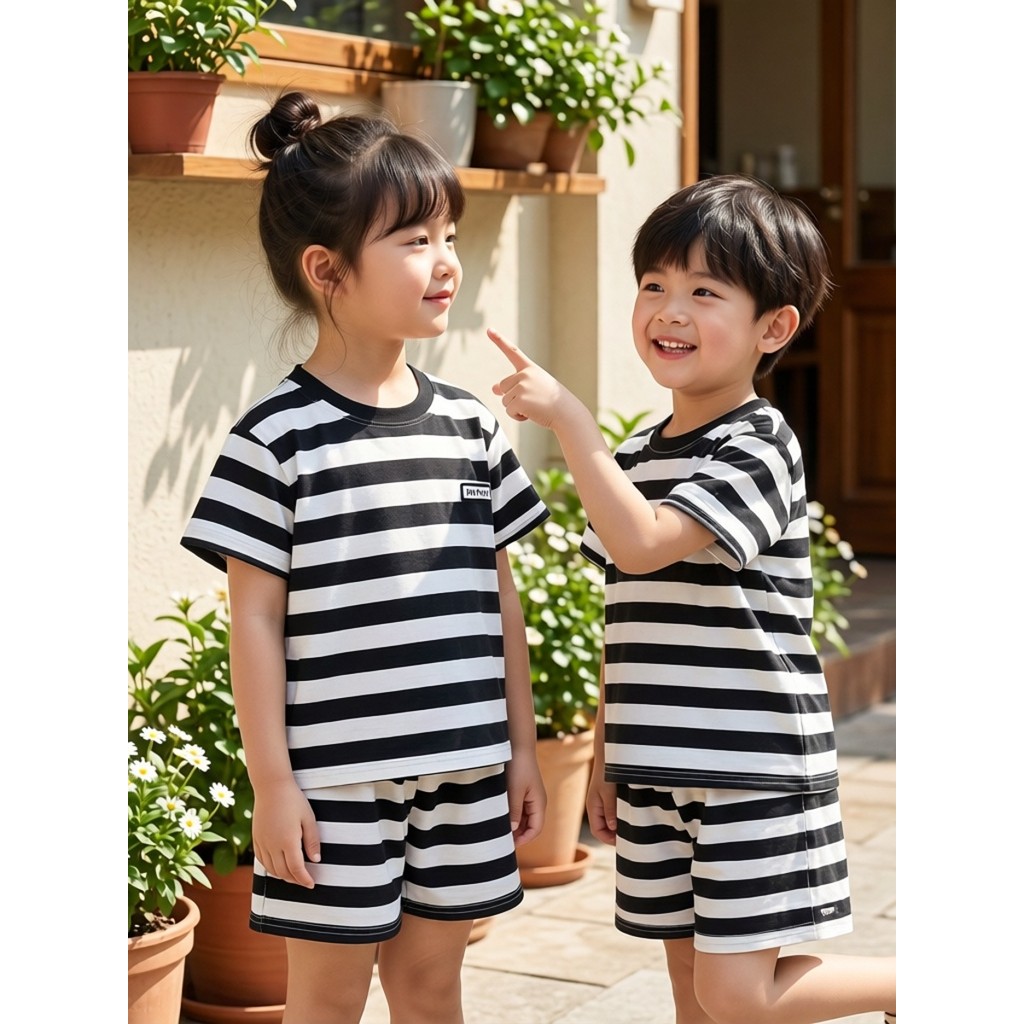Crianças listrado terno de manga curta Casual meninos meninas bebê respirável esportes camiseta Shorts de duas peças fin
