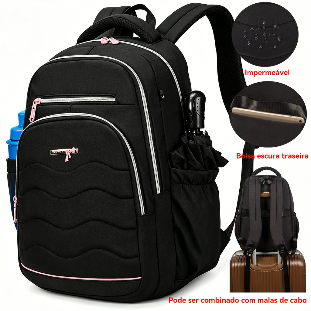 Mochila resistente à água e reforçada para estudantes femininas