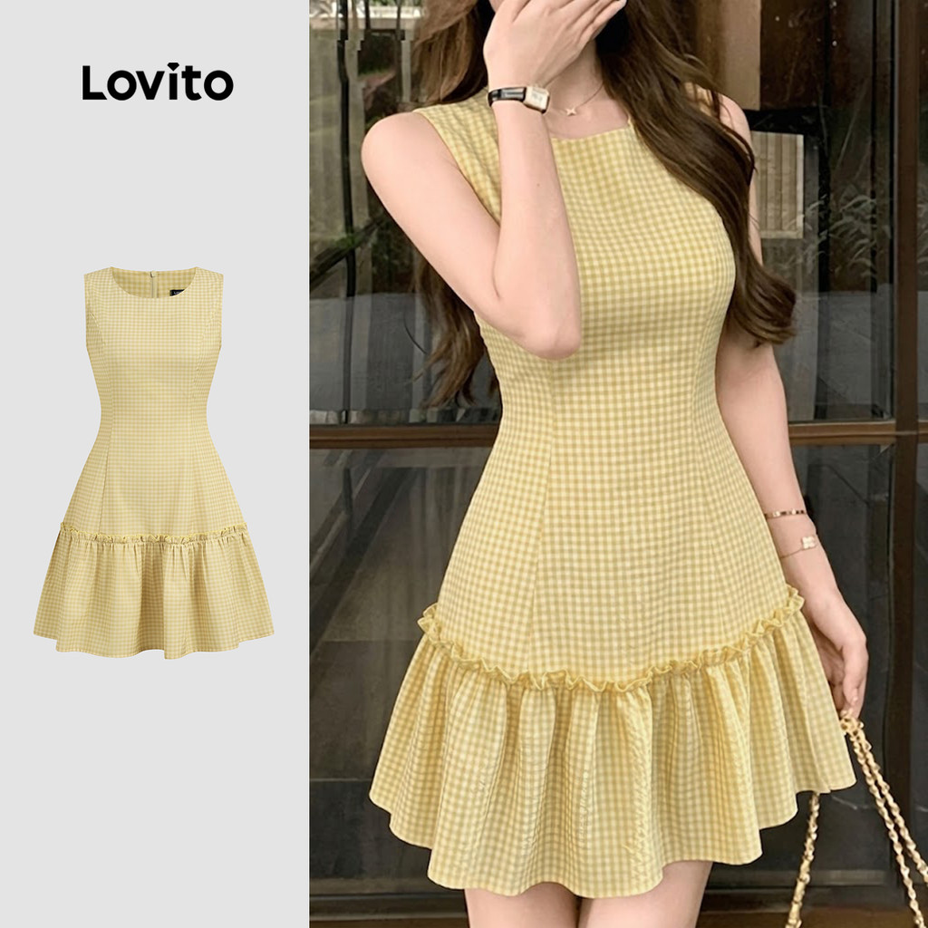 Lovito Vestido Elegante com Babado Zíper e Primavera/verão Amarelo para Mulheres LK6ED230