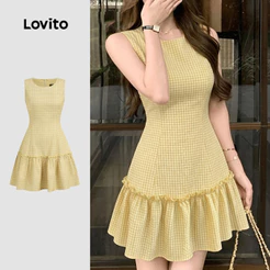 Lovito Vestido Elegante com Babado Zíper e Primavera/verão Amarelo para Mulheres LK6ED230