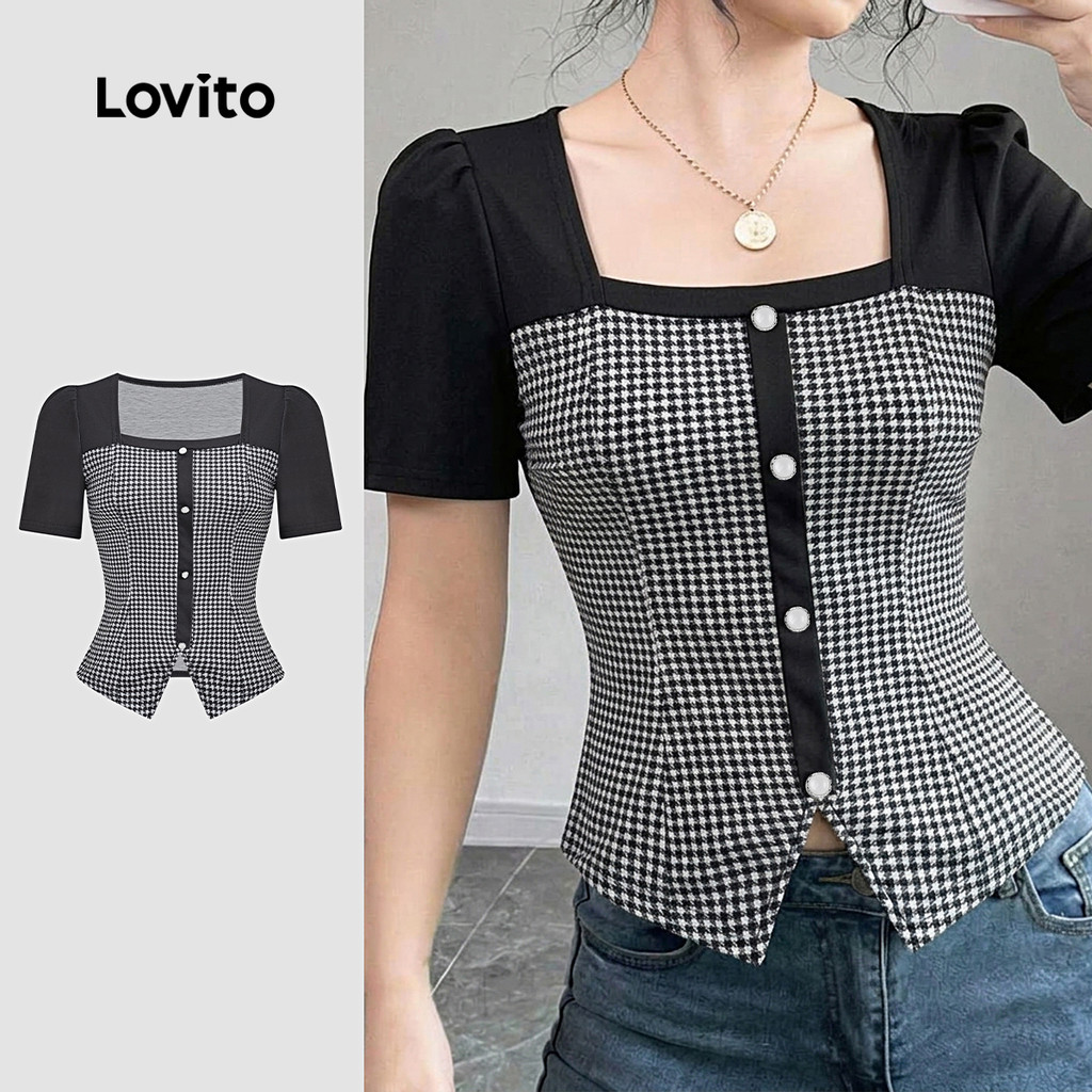 Lovito Blusa Casual Colorida Bloco Geométrico Primavera/verão Blusa Preta para m