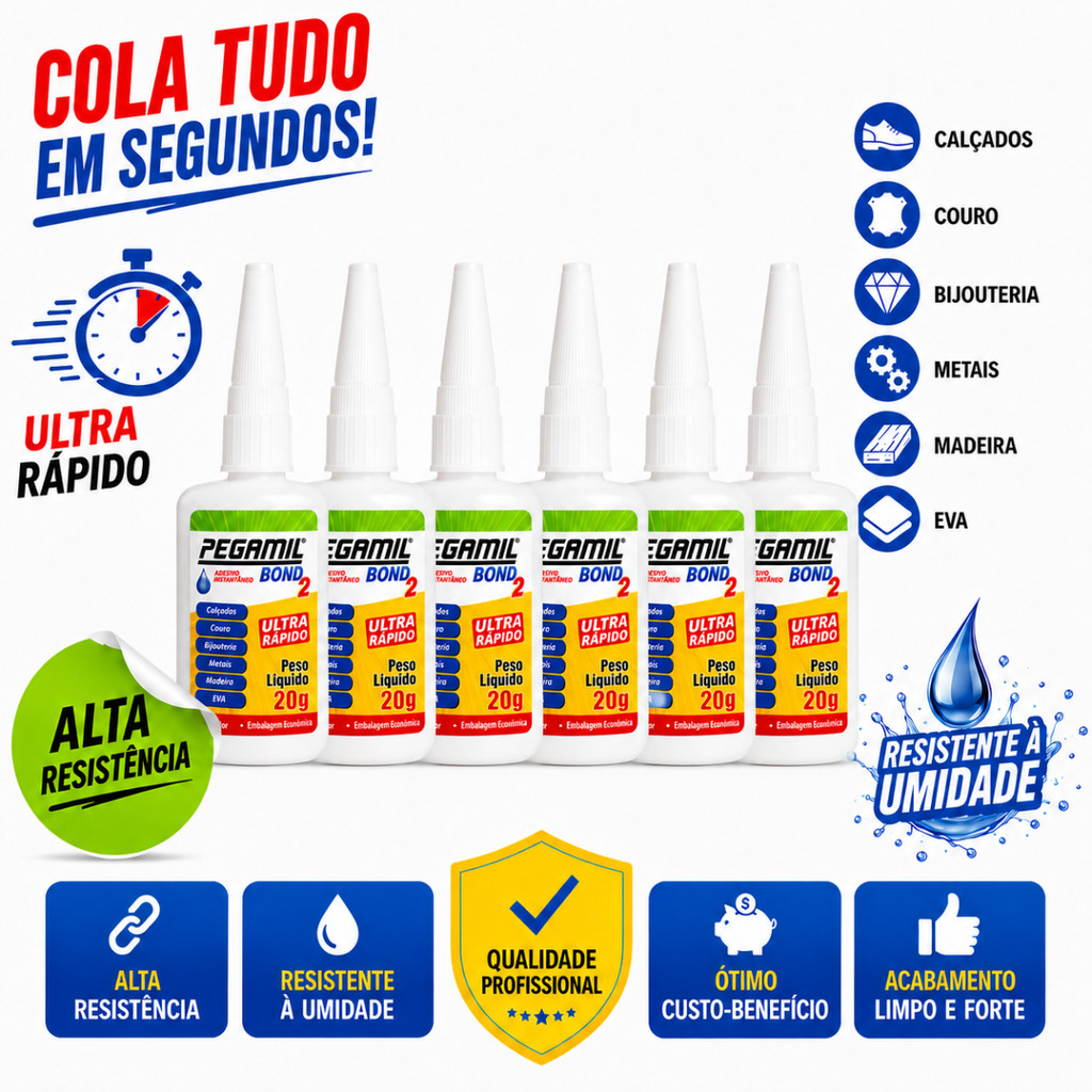 Kit 6 Cola Instantânea Pegamil Bond 20g Ultra Rápida Couro Madeira EVA Metal