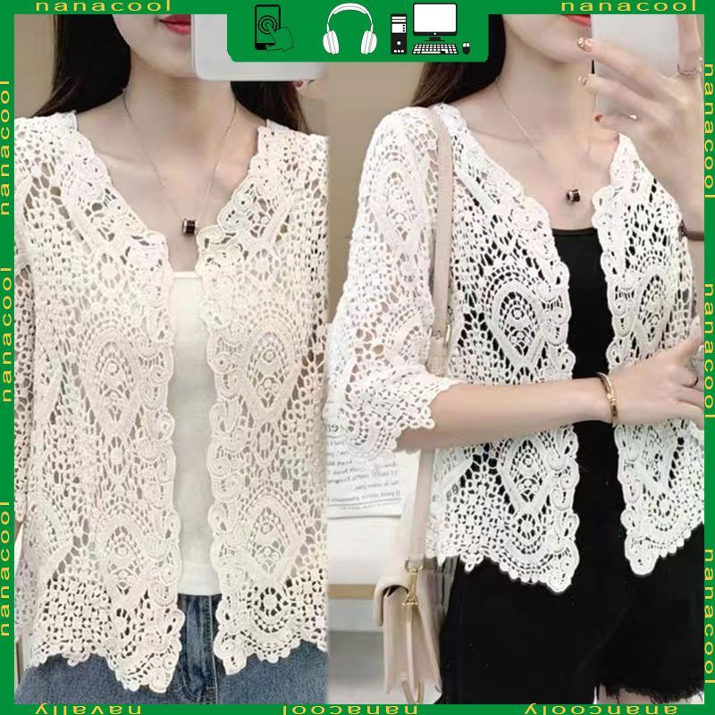 nana Feminina Hollowout Crochê Malha Floral Suéter 3 4 Cropped Cardigan Coverup Cottom Encolher