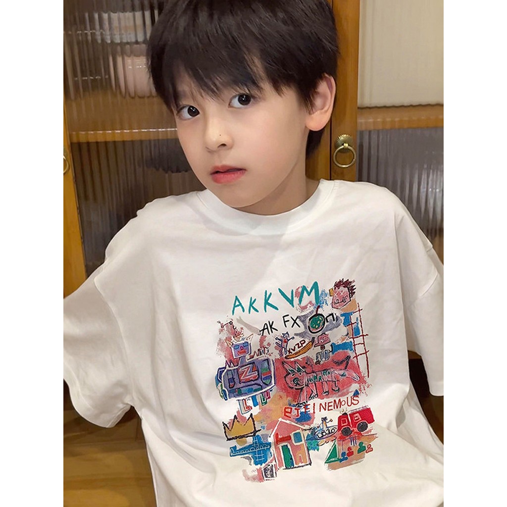 Meninos de manga curta verão 2026 novo estilo crianças dos desenhos animados Graffiti impresso meninos puro algodão cami