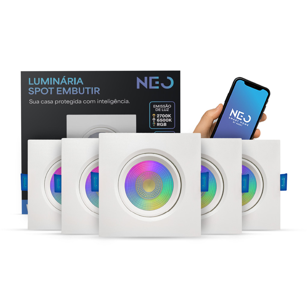 Imagem Kit Spot Led Smart Wi-fi 2.4 GHz Embutir 5w RGB 110v 220v Quadrado ou Redondo Branco Neo Avant