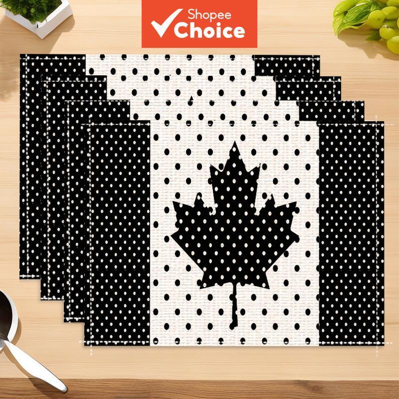 Conjunto De Jogos Americanos De Linho De Folha De Bordo Canadense De Bolinhas Pretas Com 4 Tapetes De Mesa De Jantar Res