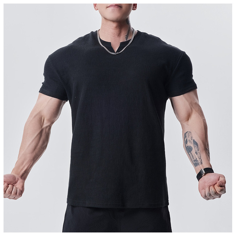 Ginásio de alta textura fixa punhos olhar grande manga curta camiseta masculina verão esportes lazer Fitness treinamento