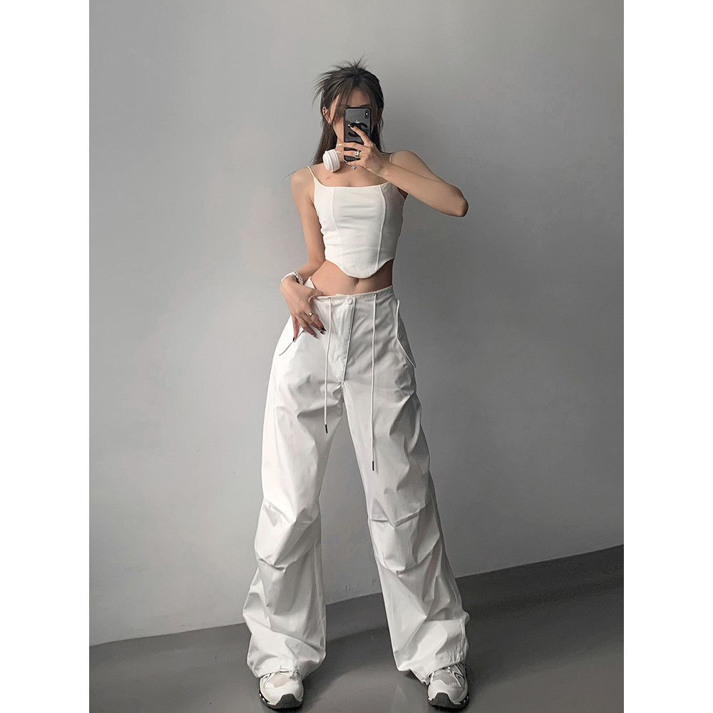 Branco americano quente menina macacão feminino primavera outono rua Wear calças casuais All-Match solto frito dança de
