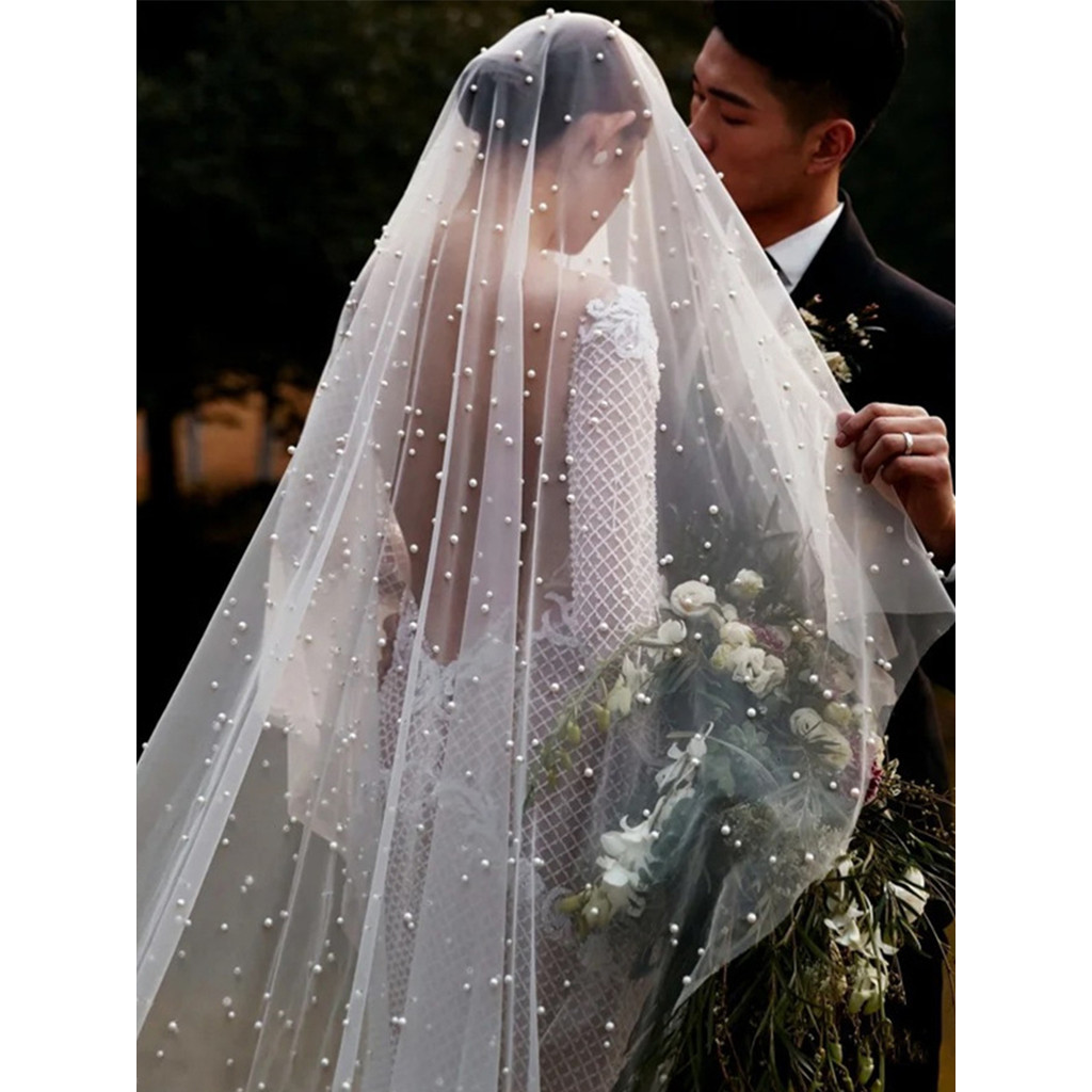 Véu de noiva mestre vestido de casamento cocar pérola luxo 3m Super longo Trailing estúdio ao ar livre foto adereços cor