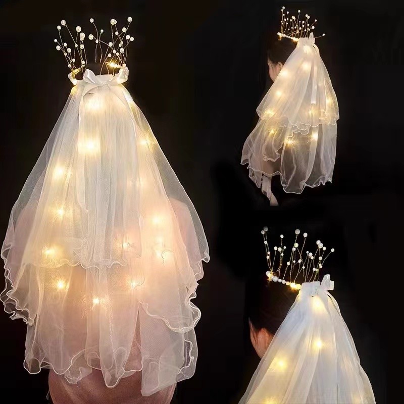 Crianças luminosa coroa véu cocar foto adereços borla menina aniversário coroa pequeno presente decoração de festa