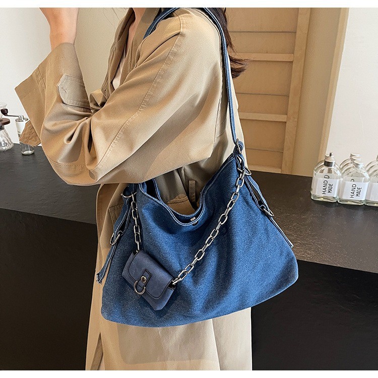 Bolsa transversal de jeans para mulheres, bolsa de ombro com corrente de grande capacidade, bolsa de jeans casual e vers
